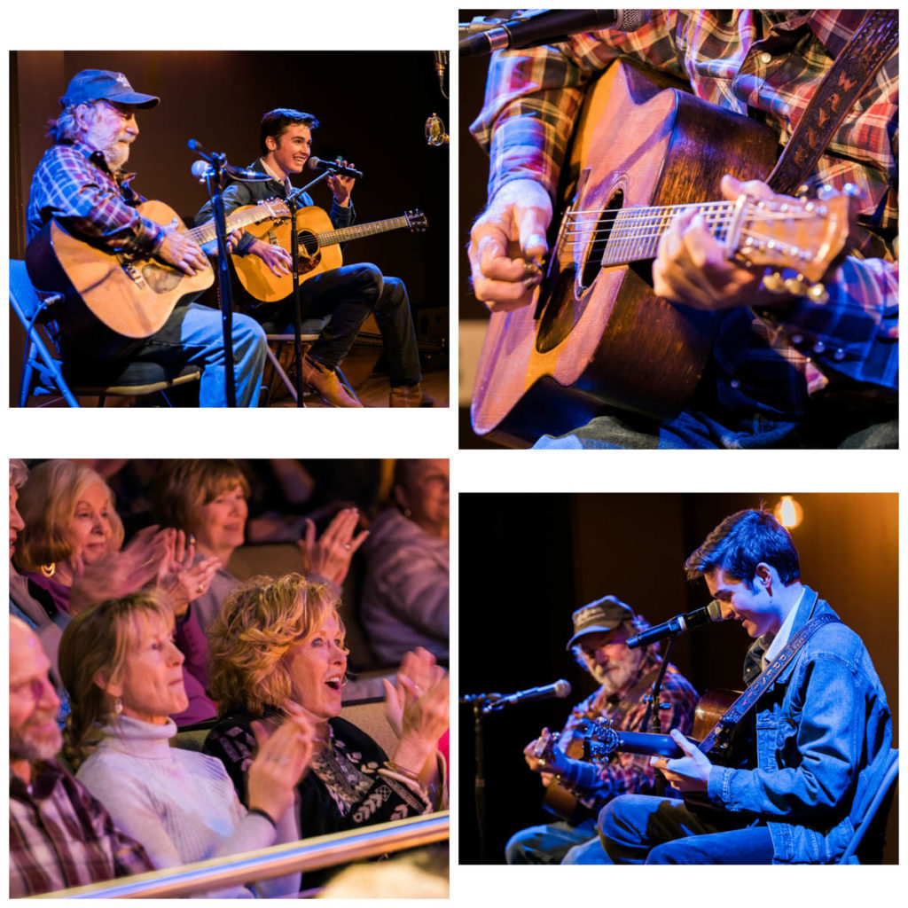 Top left: Wayne Henderson and Presley Barker on stage together; Top right: Close up of Wayne playing guitar; Bottom left: Detail of the crowd responding to the show; Bottom right: Presley Barker playing with Wayne Henderson.