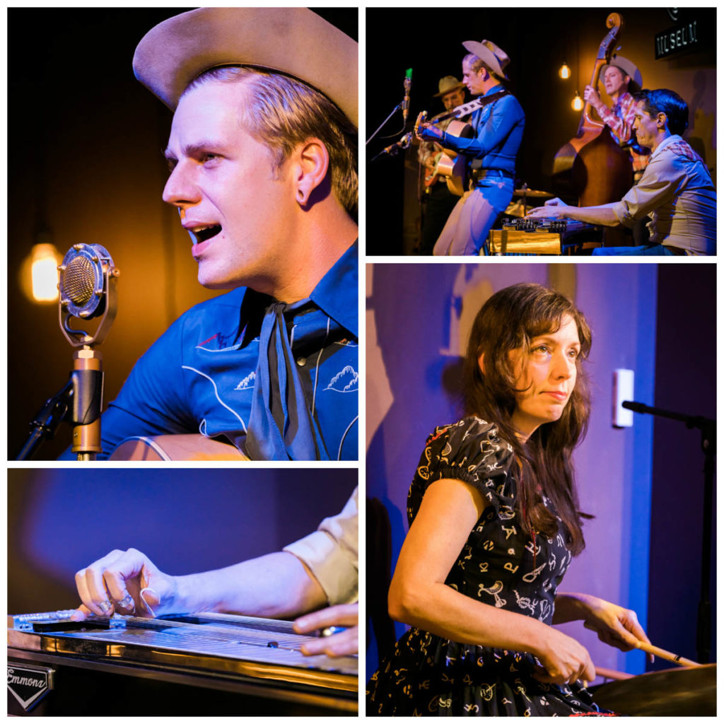 Four photos:
Top left: A close-up of Vaden Landers, wearing a blue cowboy-style shirt and cowboy hat, singing at the mic.
Bottom left: A close-up of the pedal steel player's hands on his instrument.
Top right: The band on stage.
Bottom right: A close-up of the drummer and her instruments.