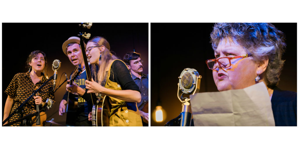 Left: Bill and the Belles gather at the mic together with their bass player behind then. Right: Donna Marie Emmert at the mic with her story on the page before her.