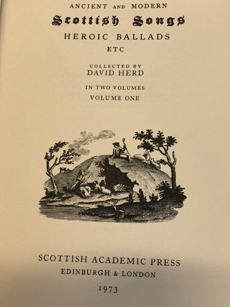 The title page of David Herd's book shows the title and publication information, along with a lithographic illustration of a shepherd with his flock on a hillside.