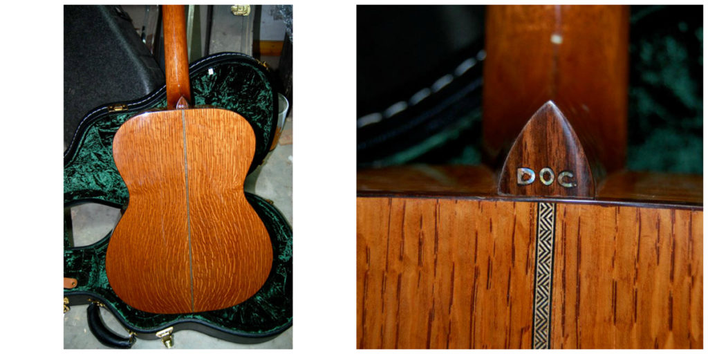 Left: The full back of the guitar showing the grain of the wood and the small strip of inlay decoration up the center of the guitar's back. Right: A detail shot of the heelcap inlay, which reads "Doc" at the top.