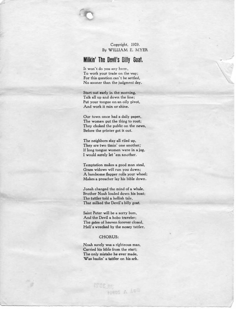 The typewritten lyrics to "Milkin' the Devil's Billy Goat," including the copyright date of 1929 and "By William E. Myer" at the top of the page. The song consists of 7 verses and the chorus.