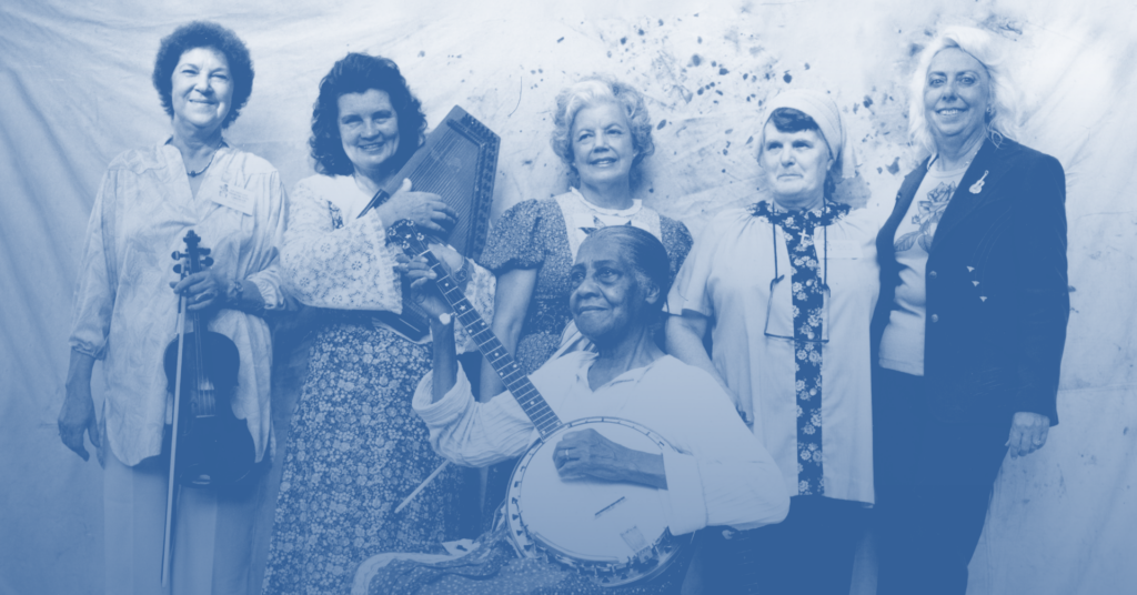 Several iconic women in old-time music – Lily May Ledford of the Coon Creek Girls, Janette Carter, Ramona Jones, Ola Belle Reed, Rose Maddox, and Elizabeth Cotten (sitting) – photographed in the 1980s. From the Mike Seeger Collection (Series Addition of June 2011: Photographs ca. 1950—2000), #20009, Southern Folklife Collection, Wilson Library, University of North Carolina at Chapel Hill