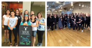 Left: A group of 8 young girls pose together in front of a chalkboard that says "YWCA TechGYRLS Radio Program 1pm." Right: A large group of male and female students pose in the Johnny Cash exhibit. They are all wearing black in honor of "the man in black"!
